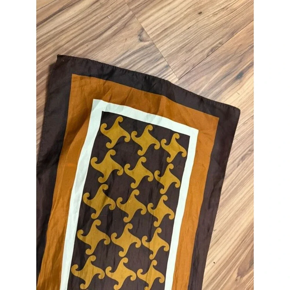 Vintage 70s 90s Y2K Mod Geometric Oblong Silk Feel Scarf Brown Mustard Yellow
